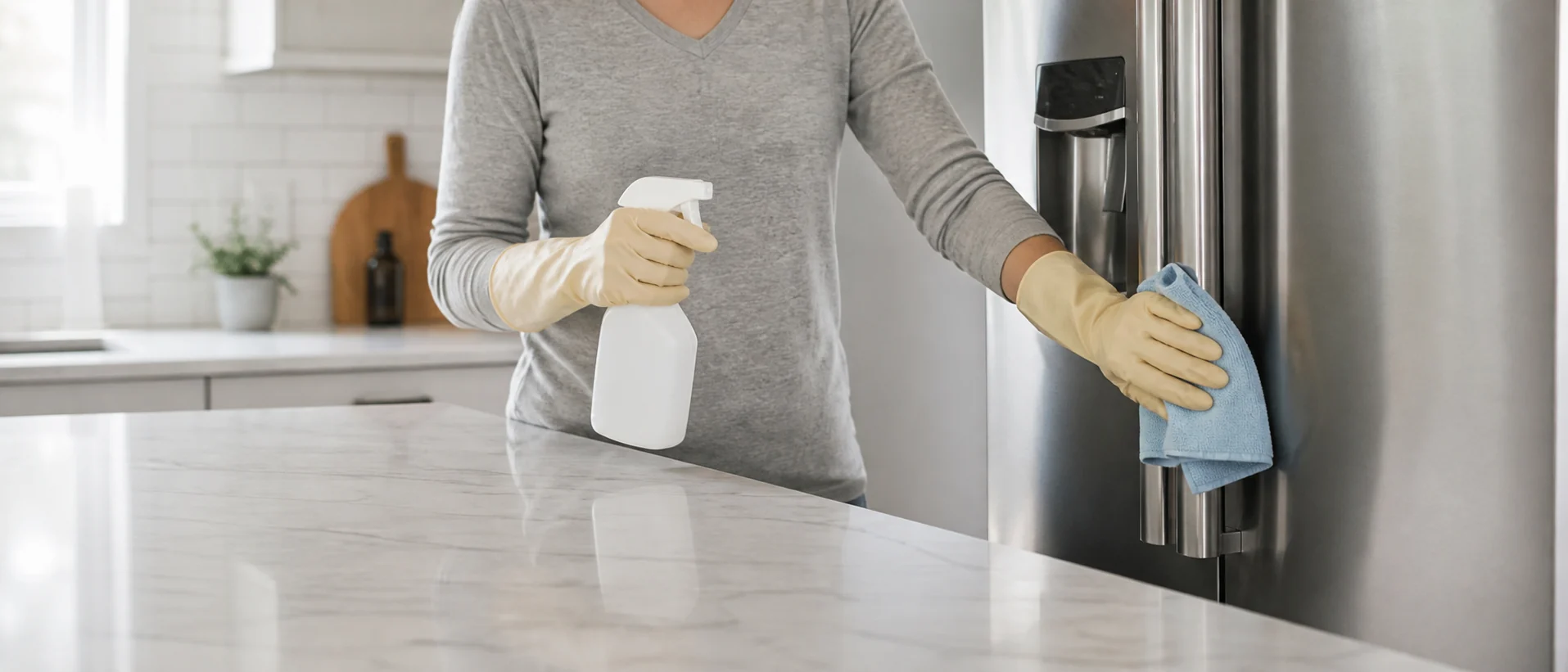 Reinigung einer Küchenarbeitsfläche im Haushalt mit Sprühflasche
