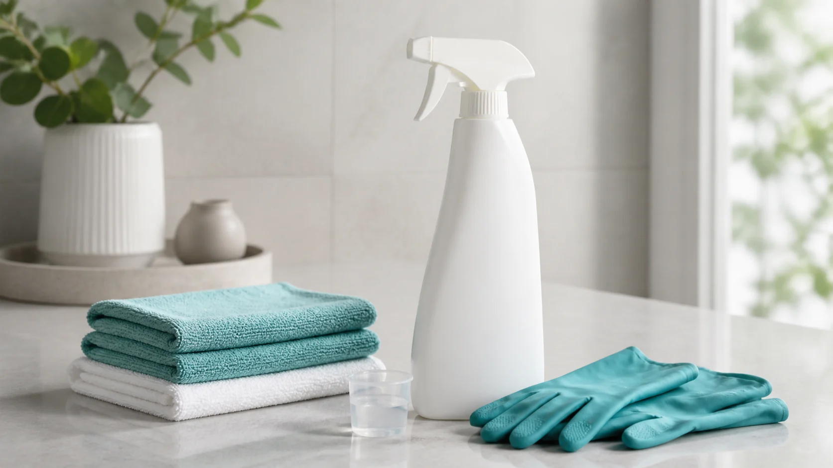 Neutrales Produktset: Sprühflasche, Mikrofasertücher, Handschuhe und Dosierbecher